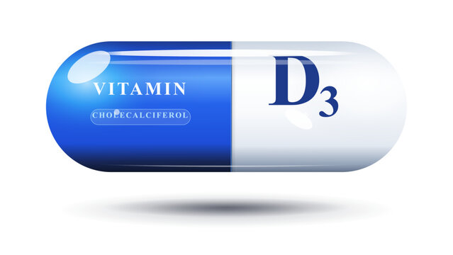 Vitamin D3 Cholecalciferol Capsule Vector Illustration in Blue and White for Dietary Supplements and Health Product Marketing