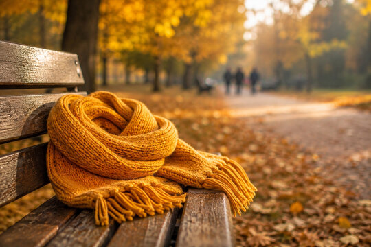 Gelber Strickschal auf Parkbank im herbstlichen Park