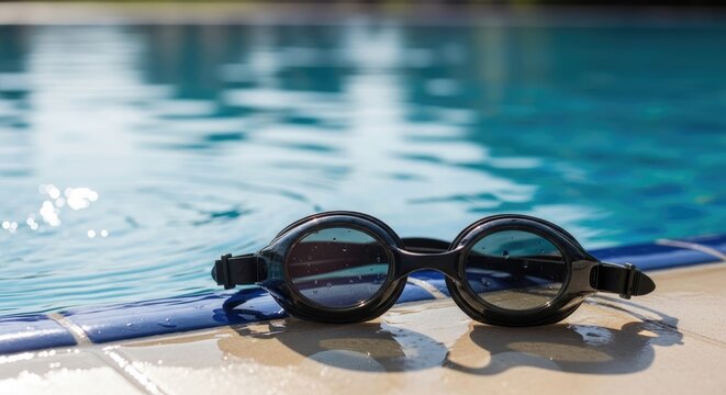 Swimming Goggles Resting on Poolside with Water in Background.