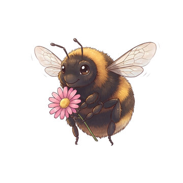 A chubby bumblebee carrying a flower