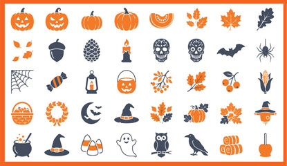 Obraz premium Halloween Icon Collection with Pumpkin, Ghost, Witch, Spider and Spooky Symbols