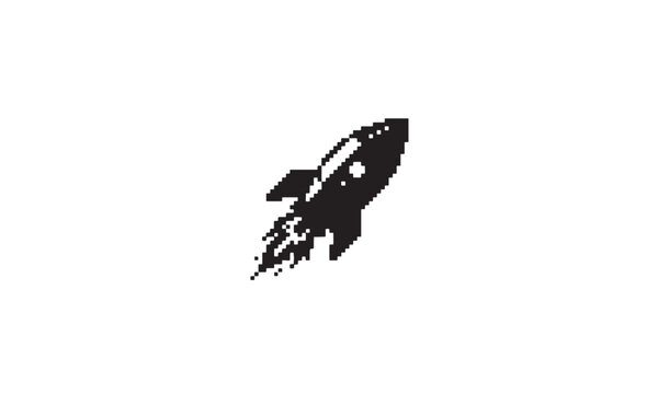 Pixel art rocket ship launching with fire trail, isolated on white