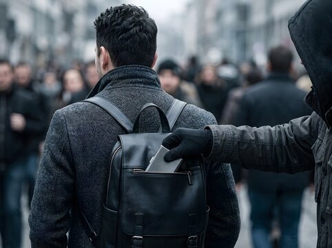 Pickpocket stealing wallet from man backpack in crowded city street
