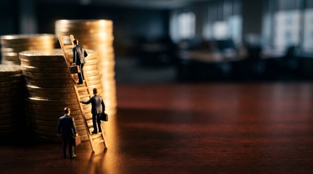 Miniature businessmen climbing giant gold coins stack copy space