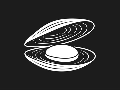 Minimalist White Pearl in Open Oyster Shell Illustration on Black Background