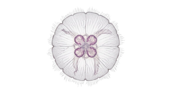 Detailed view of a translucent jellyfish bell with delicate tentacles and internal structures