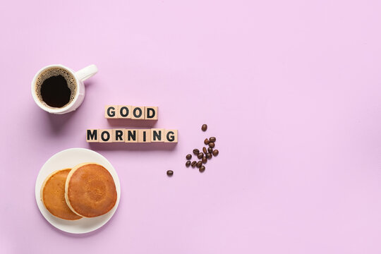 Good morning concept, breakfast routine with coffee and pancakes on a pastel purple background for positive mindset and daily motivation lifestyle