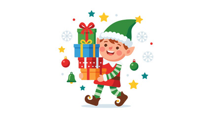 Fototapeta premium Cute cartoon elf character carrying colorful holiday gift boxes