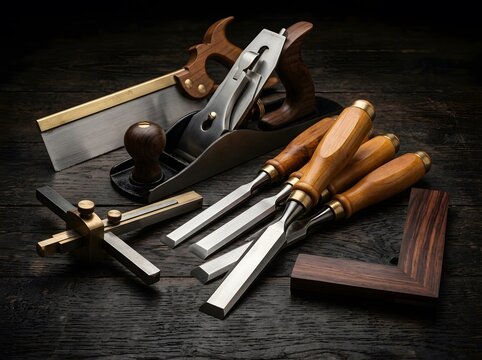 Professional woodworking hand tools on dark rustic workbench