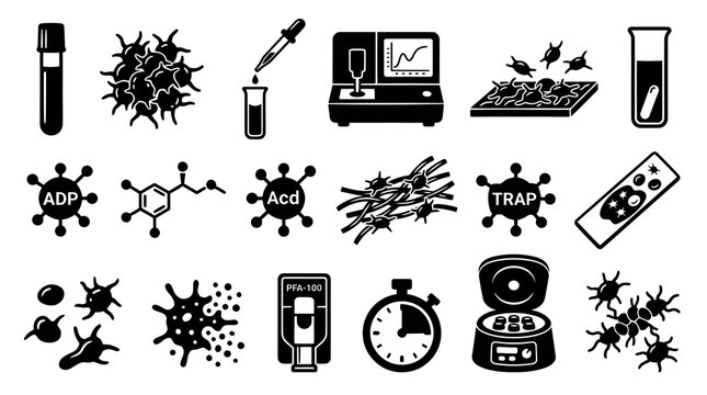 Medical Hematology and Cell Biology Laboratory Icons Set in Black and White Glyph Style