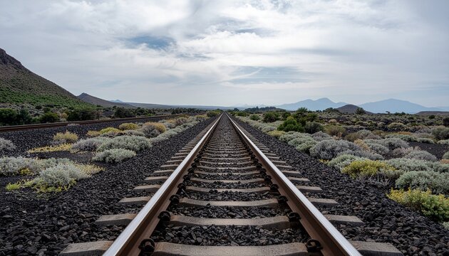 Symmetrical railway tracks leading to distant mountains under a cloudy sky