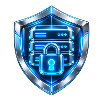 Futuristic 3D Server Security Shield with Glowing Padlock Animation on White Background