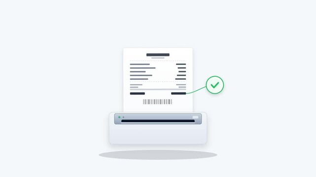 Minimal premium animation of a thermal receipt emerging from a modern receipt printer and triggering a payment confirmation checkmark badge beside the receipt, representing successful purchase and com