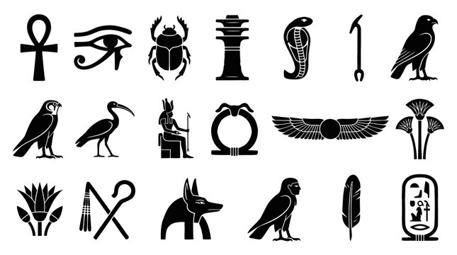 Ancient Egyptian Mythology and Culture Symbols Black and White Glyph Icon Set