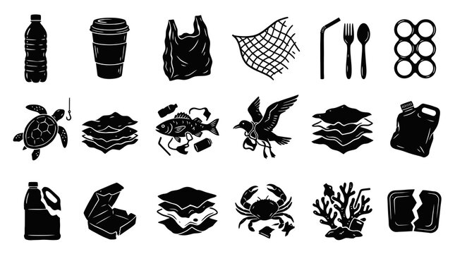 Ocean Plastic Pollution Black  White Glyph Icons - Environmental Waste and Marine Life Impact