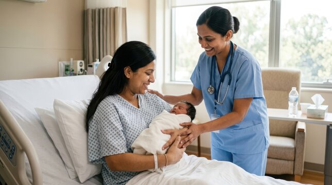Kind female nurse assisting new mother with newborn baby in hospital maternity ward during post natal care and recovery.