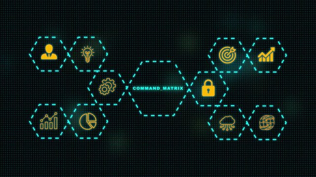 Command matrix concept with centralized control system and business technology infrastructure icons in futuristic hexagon HUD interface, 4k motion graphics