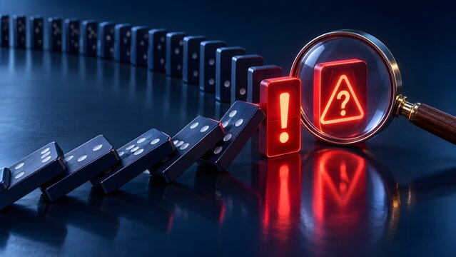 Magnifying glass examining red warning domino among falling blocks, risk detection, problem identification, business disruption, crisis prevention, failure analysis and risk management concept