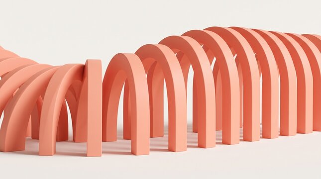 Abstract 3D render of coral pink rounded arches in a receding wave pattern on white background