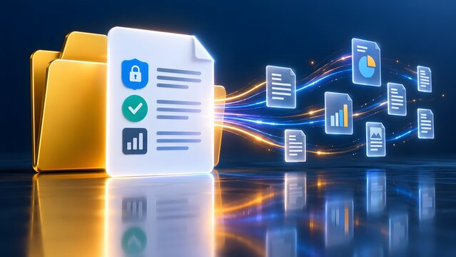 Digital document management system with folder checklist and connected data files representing workflow automation file organization compliance processing business records and information technology