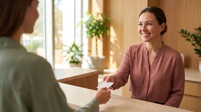 A smiling woman at a reception desk hands a card to another person, suggesting a business or hospitality interaction.
