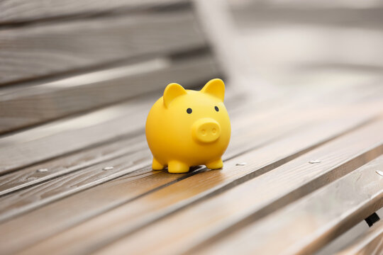Personal finance and savings growth, yellow piggy bank on a wooden park bench for investment planning and wealth management in an outdoor setting