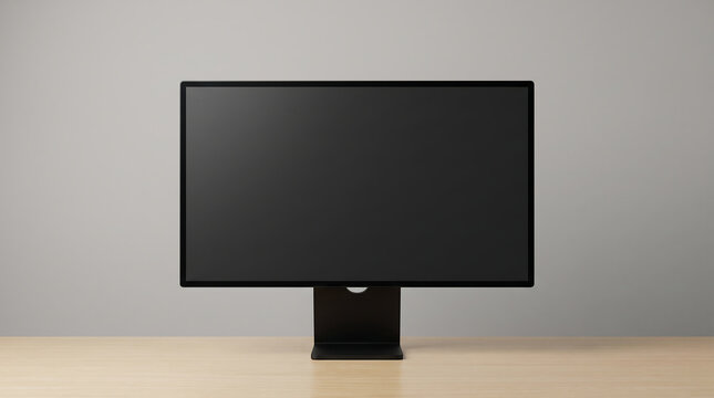 Modern black computer monitor with empty screen sitting on wooden desk surface transparent background