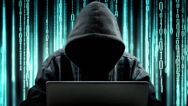 A mysterious hacker shrouded in a hooded sweatshirt sits in front of a laptop, surrounded by a digital cascade of binary code. ..Created with Generative AI, not depicting real subjects.