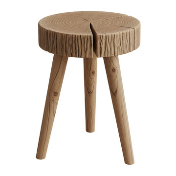Wooden three legged stool made from a tree stump on white background.
