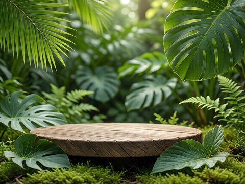 Product podium with leaves and green plants background