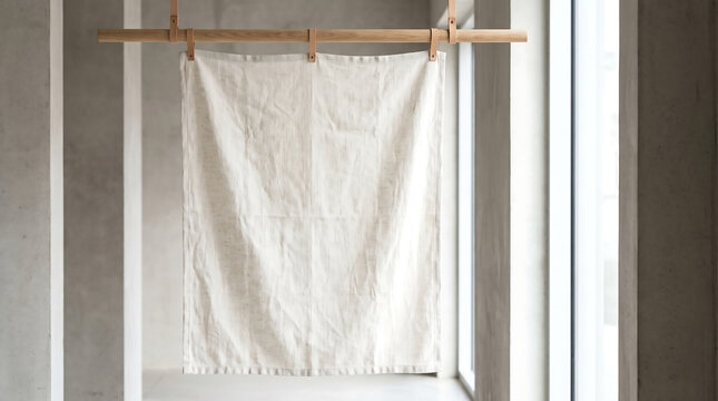 Minimalist linen cloth hanging from a wooden rod with leather straps in a bright modern architectural interior setting transparent background