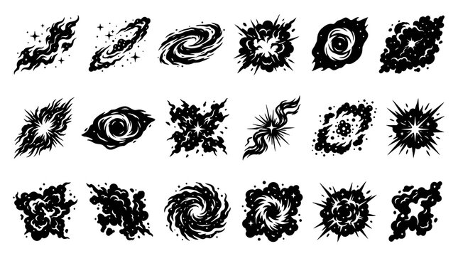 Black and White Abstract Vector Glyphs: Explosions, Smoke, Magic, Energy, Cosmic Effects Set
