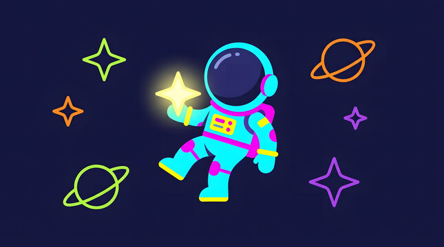 A cute cartoon astronaut floating in outer space holding a glowing star with planets and stars around.
