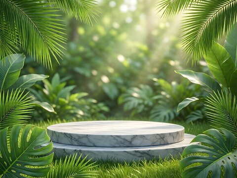 Product podium with leaves and green plants background