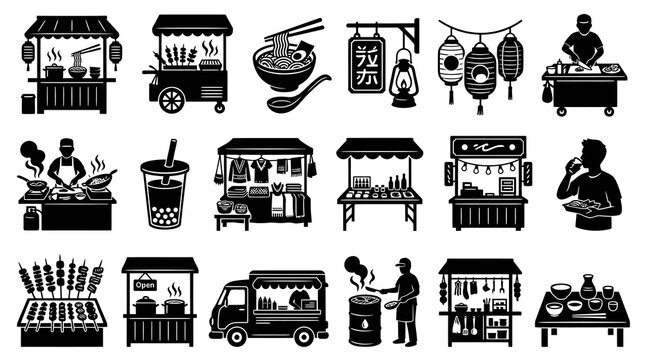Black  White Glyph Icons of Asian Food Stalls, Street Food, and Cooking