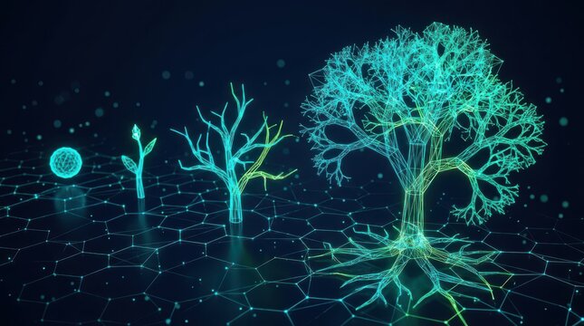Abstract futuristic digital growth visualization showing the evolutionary stages of life from a glowing cell sphere to a complex wireframe tree on a