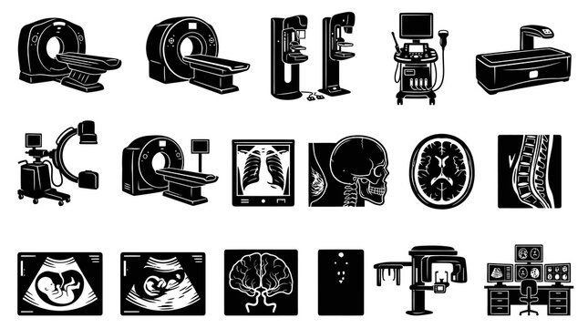 Medical Imaging Radiology Glyph Icons Set of Diagnostic Equipment and Patient Scans - Black  White Vector