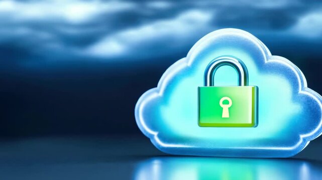 Secured Cloud Storage: A glowing, stylized cloud icon with a prominent green padlock symbolizes secure data storage and online privacy in the digital realm.