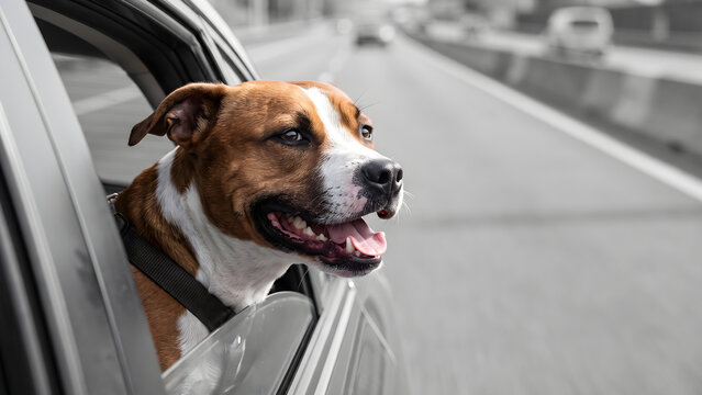 Happy dog sticking head out of car window on highway road trip