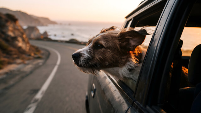 Joyful dog enjoying a scenic sunset road trip with its head out the car window, feeling the wind and freedom