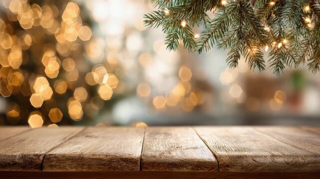 A rustic wooden table in the foreground is bathed in the warm, festive glow of blurred Christmas lights and a pine branch. ..Created with Generative AI, not depicting real subjects.