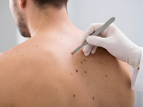 Dermatologist performing surgical mole removal on patient skin