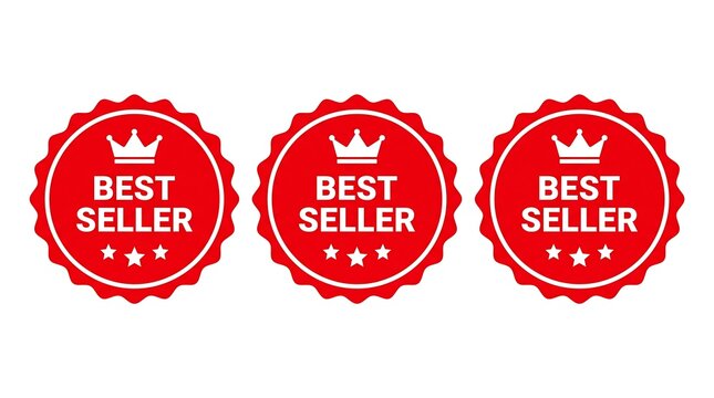 Red Best Seller Badge Vector Icons with Crown and Stars for E-commerce Marketing