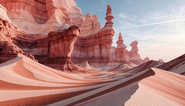 Majestically carved sandstone rock pillars and desert sand dunes. Geological desert landscape formations and natural rock erosion. Scenic sandstone monoliths rising above desert sands