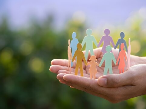Human hands holding paper people circle