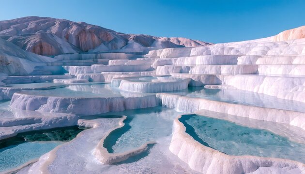 White travertine thermal pools and cascading mineral water terraces. Geothermal spa landscape and natural mineral springs. Travertine terraces with turquoise water pools