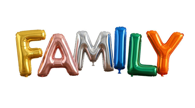 Family word spelled with colorful foil balloons. Vibrant metallic letter balloons for celebration. Multi-colored inflatable party decor. isolated PNG with Transparent Background