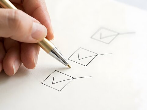 Hand with gold pen marking checklist boxes