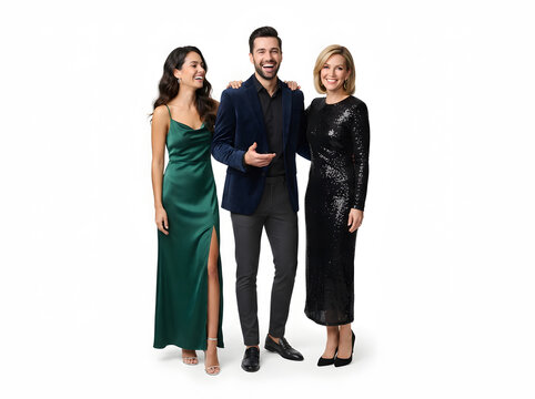 Group of elegant friends in formal evening wear celebrating at a party on white background