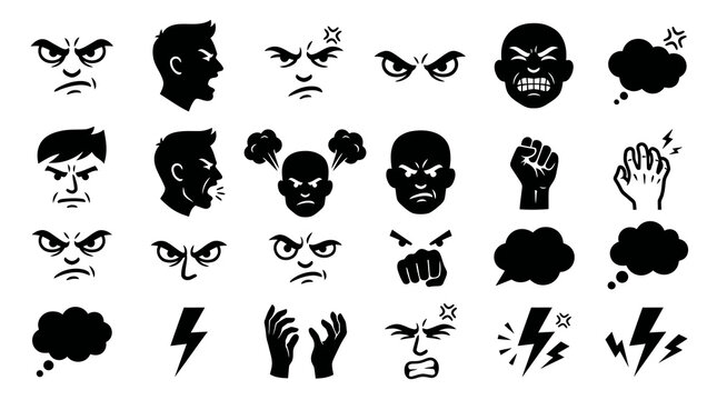 Angry Faces and Icons, Black and White Glyph Style, Emotion Symbols